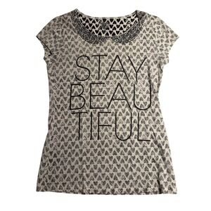 Modern Lux Tee‎ Gray Heart Print Sequin Collar Stay Beautiful Medium Women